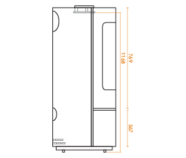 Circle woodheater back view diagram with length measurments
