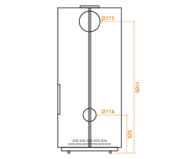 Circle woodheater side view diagram with length measurments
