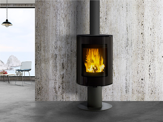 Black cylindrical Spin Wood Burning Stove in modern grey interior