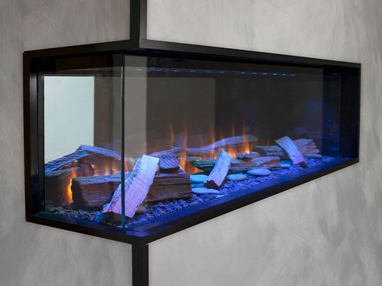 Glass-encased VisionLINE View fireplace on grey background